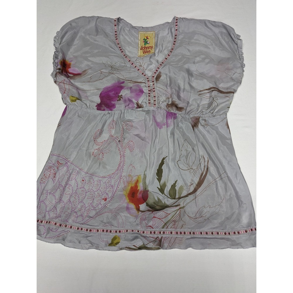 Johnny Was Grey Floral Silk Empire Waist Blouse Embroidery V-Neck Medium